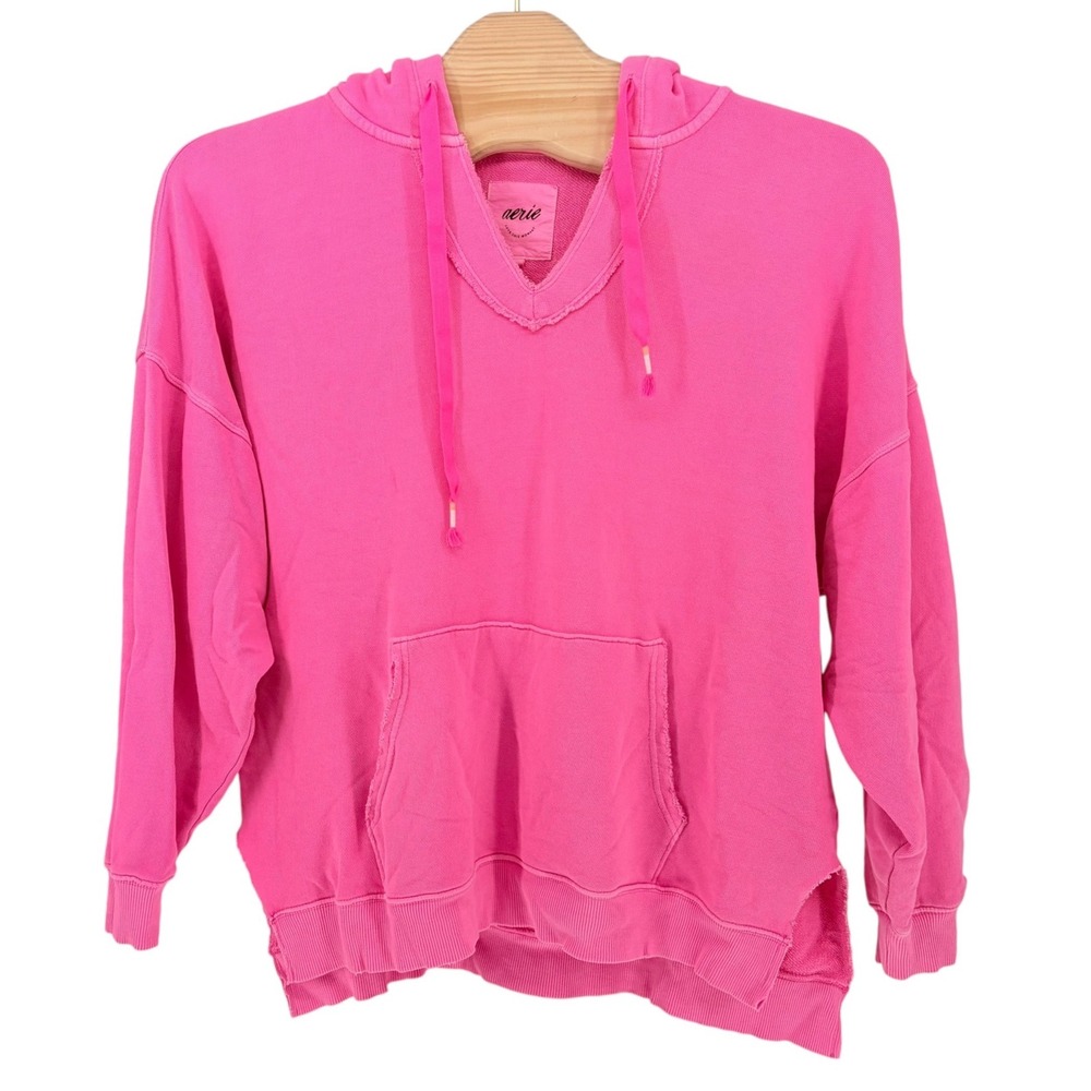 Aerie Hoodie Large Pink V-Neck Raw Edge Oversized Pullover Side Slit